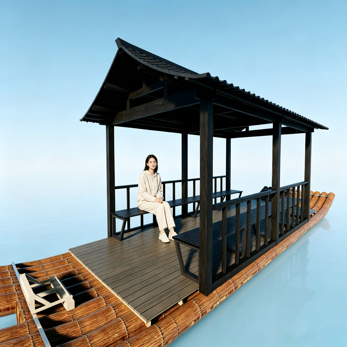 Source factory PVC imitation bamboo raft with stainless steel antique pavilion water sightseeing catering bamboo row size can be customized